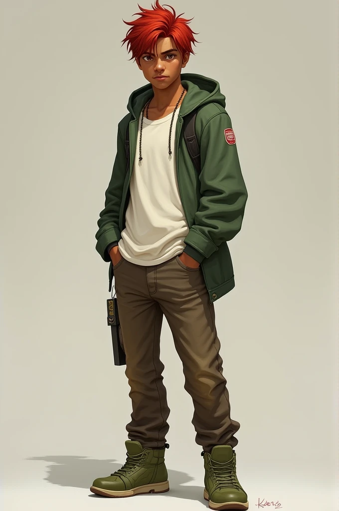 Male, slim body, short disheveled red hair, brown eyes, white t-shirt, green coat, brown jeans, green shoes, dark skin