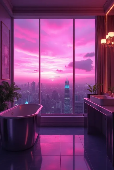 dreamy, luxurious bathroom with satin metallic furniture at morning with a view overlooking of vice city sunset, gradient of purple and pink vivid sky, enhancing the magical, serene atmosphere. 1980 retro film still, retrowave, film still, neon noir