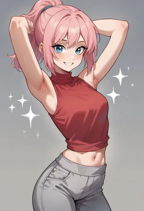 sakura haruno adult version , short pink hair ,  well detailed and profiled blue eyes ,  sleeveless red shirt arms up you can se...