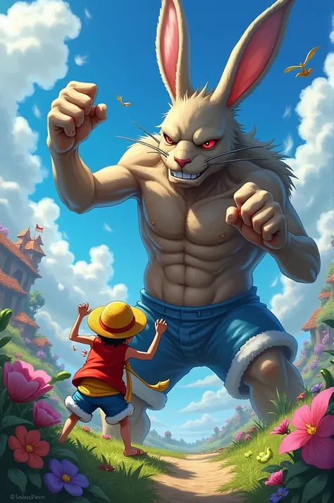 Luffy fighting a giant horned rabbit 
