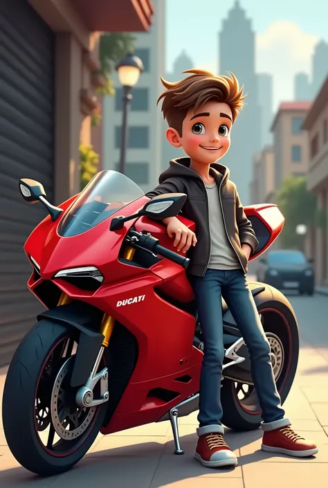 A cute boy stand in a Ducati bike