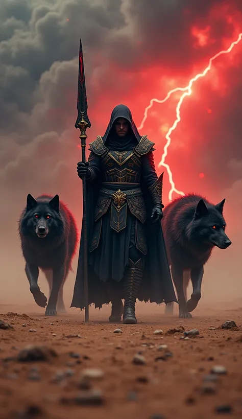 An imposing warrior with black hood and armor with golden details, holding a spear with a red aura. At his side, two gigantic black wolves with red eyes shine brightly. The scene is a dark desert, with sandstorms and red lightning in the dark sky. Epic sty...