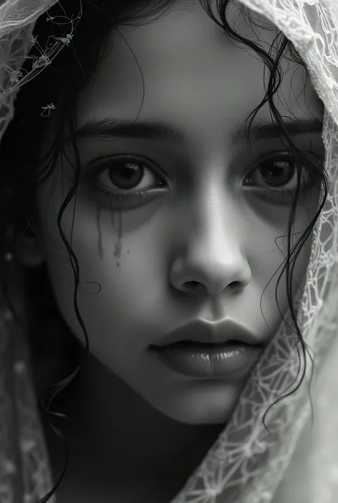 Realistic lighting,  Masterpiece: , Gorgeous portrait of a sad, pale, pale, tear-stained Indian girls face with tears on her cheeks. 4k quality work, fantasy, mind blowing, abstract, black and white work, sepia secret abstract