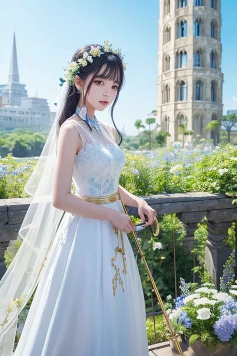  draw a character with a white dress with blue accents 、 holding a gold cane with green crystals。Blue flowers and petals flutter around the character 、 make sure you can see an ancient tower in the background 。
