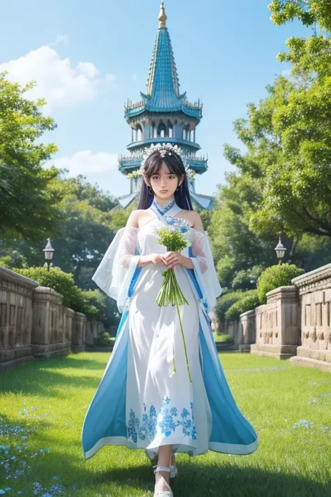  draw a character with a white dress with blue accents 、 holding a gold cane with green crystals。Blue flowers and petals flutter around the character 、 make sure you can see an ancient tower in the background 。
