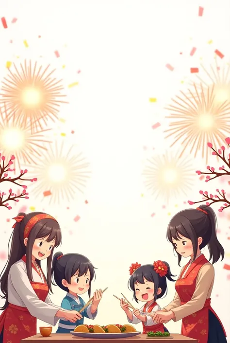  Draw 1 picture of Vietnamese anime style New Year on A5 paper,  surrounded by fireworks and decorations with cherry blossom tree branches , white background ,  plural characters ,  cooking and wrapping tacos 