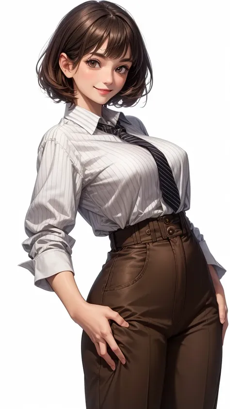 1girl, ((medium breasts)), brown hair, short hair, blunt bangs, (((brown high waist pants, striped dress shirt))), ((detailed face)), ((brown eyes, big smile)), ((grabbing hips)), (((white background)))