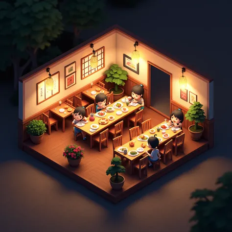 Bird&#39;s-eye view。Japanese restaurant，Neatly arranged，Some cute cartoon characters are eating inside， game scene ， conceptual art，3d cartoon，night，Warm lighting， HD quality