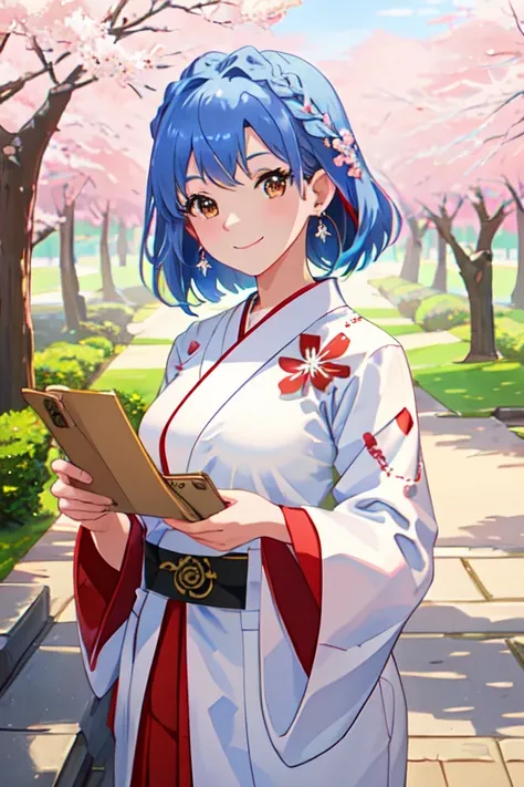 Best Quality, masterpiece,  high resolution on down, Alone, { white kimono:1.35}, {Red Hakama:1.35}, { wide sleeve:1.20},   blue hair , earrings for a woman alone, , , breast, smile,, big_breast, shrine,Daytime,cherry blossoms