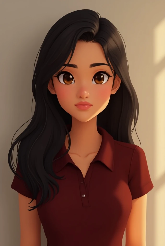  Animation of a Brazilian brunette woman, long straight hair on the side ,  big brown eyes ,  wearing a dark red polo shirt 