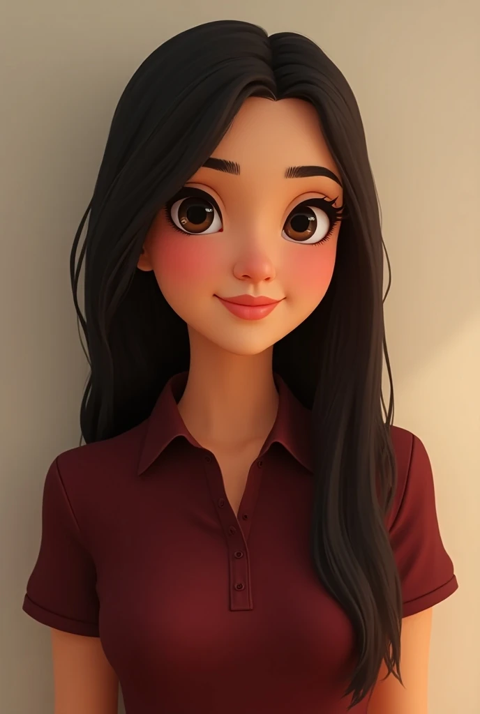  Animation of a Brazilian brunette woman, long straight hair on the side ,  big brown eyes ,  wearing a dark red polo shirt 