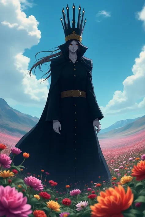 Imu standing up in a flower feild. With a breath taking sky. Description of imu=Imu is a mysterious and powerful character from One Piece. They are the ruler of the world, sitting on the Empty Throne in Mary Geoise, which symbolizes their authority over th...