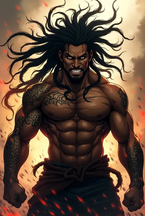 An anime male, buff, berserker, dark skinned, dreads 