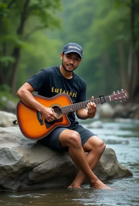 Indonesian man with handsome face wearing shorts wearing baseball cap inscribed dhegol not wearing footwear wearing black t-shirt saying FAKHRI playing guitar while sitting on a large rock in the middle of the river face appears to be looking at camera