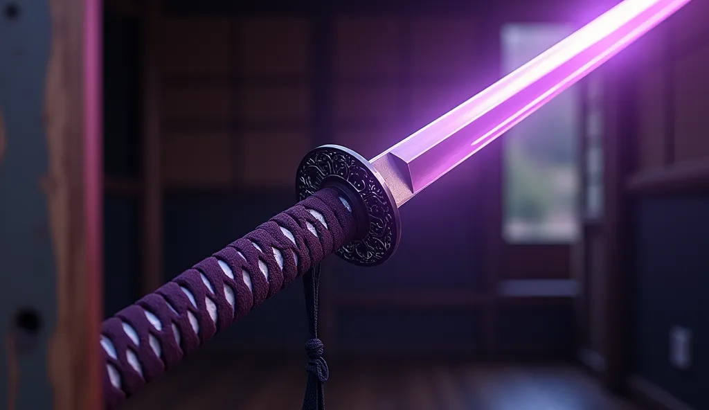 Katana, Japanese sword, Yobutou, sword surrounded by a purple aura, 
detailed blade, detailed sword hilt, close-up of a sword displayed in an alcove in an Edo period Japanese room