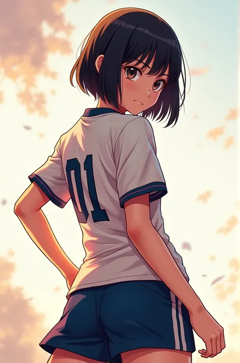 A bob cut haired anime girl wearing number 01 Jersey named Slasher, i want her looking coming from the back