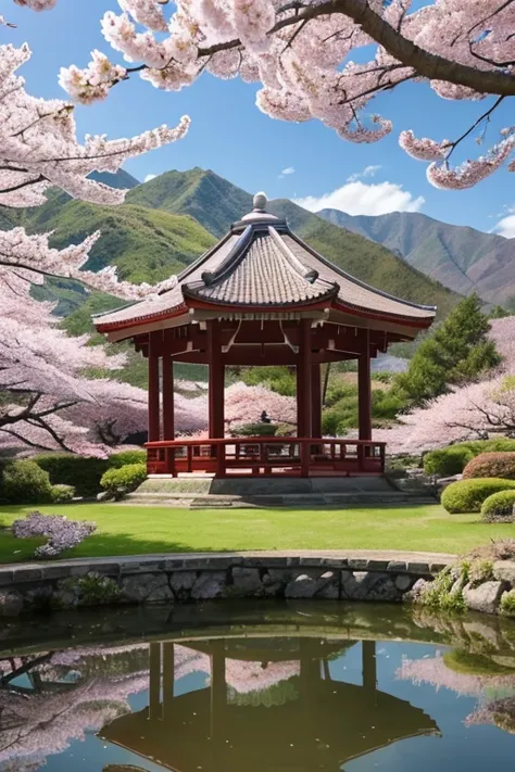  draw a quiet cherry blossom landscape 。 there are traditional Japanese gazebos and ponds 、 pink cherry blossoms are reflected in the pond 。 Hakuba eating grass near the pond 、 the statue of an angel spreading its wings 、 include people in historical costu...