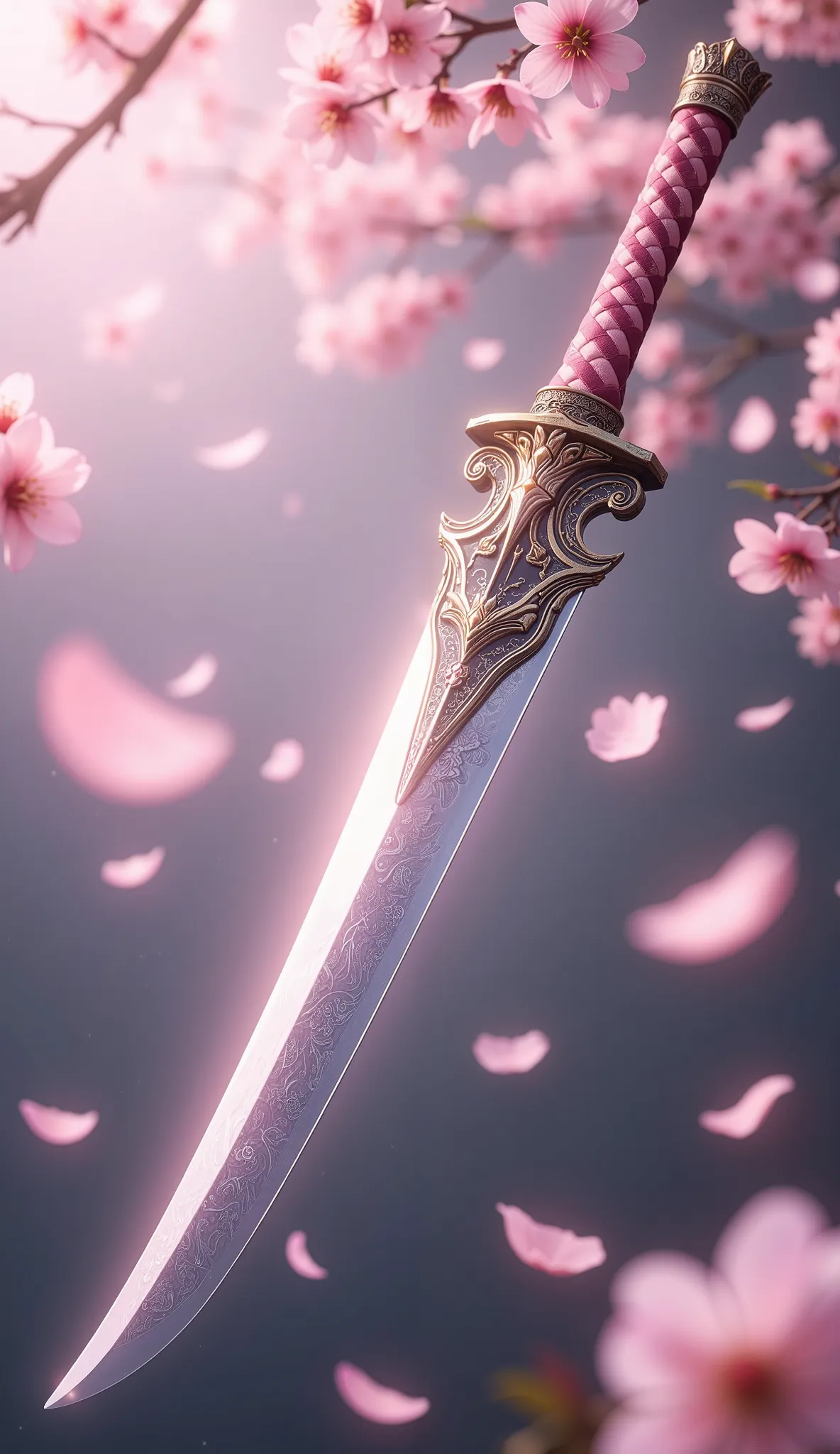 A beautifully crafted fantasy katana with intricate, elegant details, surrounded by falling cherry blossom petals. The katana's blade glows subtly, with delicate engravings and a polished, sharp edge that reflects light. The hilt is adorned with ornate designs, featuring gold and silver accents, and wrapped in silk with traditional Japanese patterns. Soft, realistic lighting enhances the blade’s gleam and casts gentle shadows, giving it a serene yet powerful presence. The background is blurred, with cherry blossoms gently floating, creating a dreamlike, ethereal atmosphere filled with soft pink and pastel tones,
