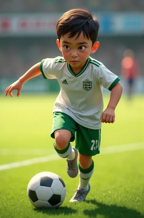 boy playing soccer wearing white jersey shirt green striped green pants with serious expression