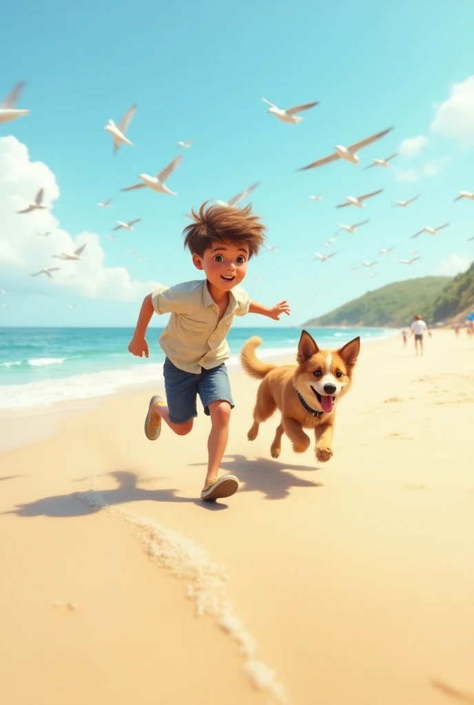 dog and boy running in the beach with birds