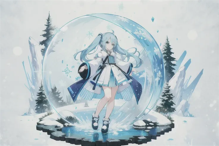 · Hatsune Miku · Light Blue Long Tail · Smiling · Light Blue Long Sleeve Dress · Holding a Snow Globe · In the Winter Forest · On a Frozen Lake · Deep Night · Full Moon · Top Quality