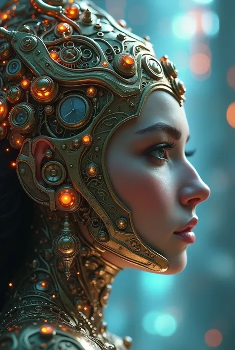 Goddess Fortuna, highly technologically advanced and cybernetically enhanced. High Resolution, Masterpiece, Award Winning, Best Quality, High Details, High Quality, UHD, Chromatic Aberration, Optical Illusion, Glowing Light, Impressionism, Art Deco, Cinema...