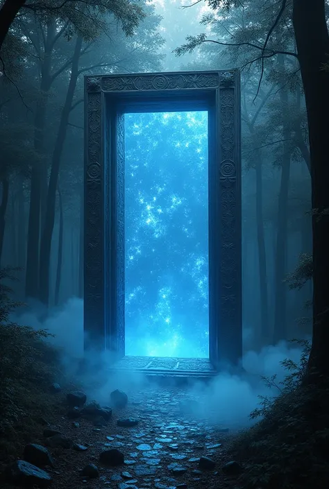  A large, shiny portal, rectangular, with thin, detailed edges,  floating in the air ,  in the light of a dark forest,  with strange inscriptions  ,  expels blue energy ,  black and white 