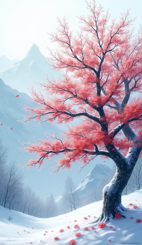  Make a poster for the beginning of winter ， The persimmon tree is frozen and the leaves are red，The background is covered with snowy mountains 