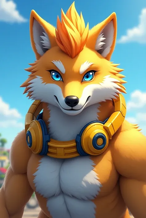 Furry, male, , ((wild)), mature, wolf, yellow feathers fade slightly white, yellow hair and orange cheese, detailed body hair, detailed body, detailed face , detailed eyes, shiny body, shiny body, plural tail, solo, body hair, (best quality), clear sky, th...