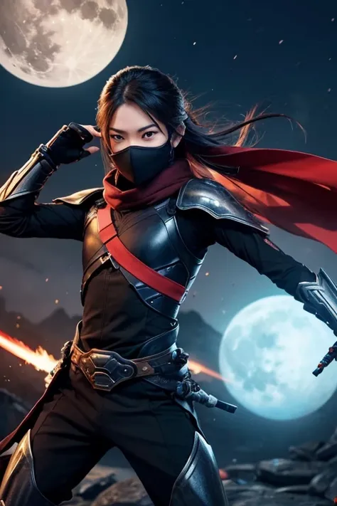 Big moon in the background、 draw a futuristic ninja with a glowing sword 。 the ninja is wearing slim armor with red details、 wear a mask covering the face in a scene that makes you feel movement 。動きを感じさせるシーンで、 add elements such as flowing scarves and hair ...