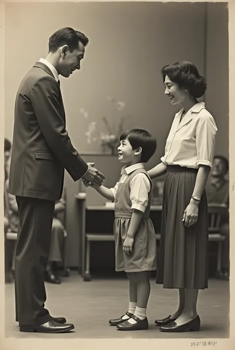 The last picture of the child greets the parents and the teacher, old black and white picture ,  in picture with calligraphic inscription  " pre-school ceremony , Postgraduate school "