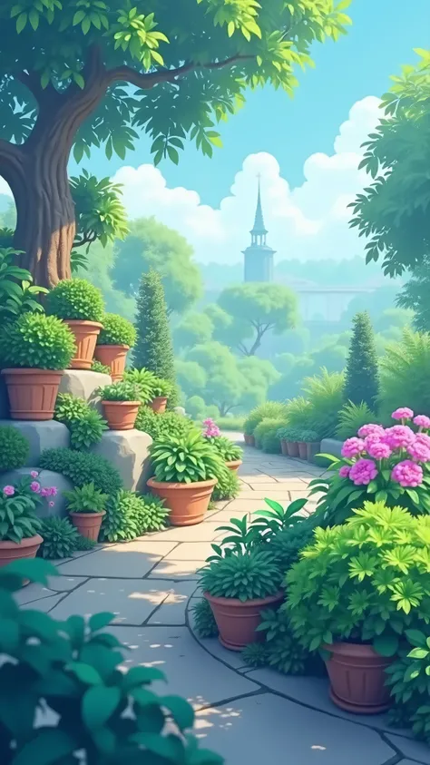 An image of a clean green garden ，fine，Reasonable， high quality ，masterpiece，Potted plants，Thick coating style，Game Background