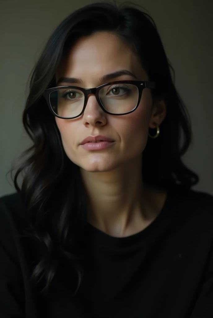  38-year-old girl with brown eyes  ,         long dark hair that reaches the waist , black-colored clothing that uses thick-framed lenses 
Passport-size photo