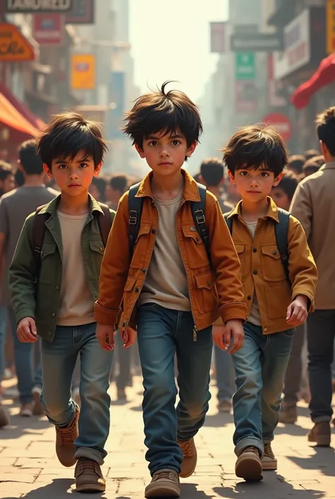 3 boys walking against a group of people making their way
