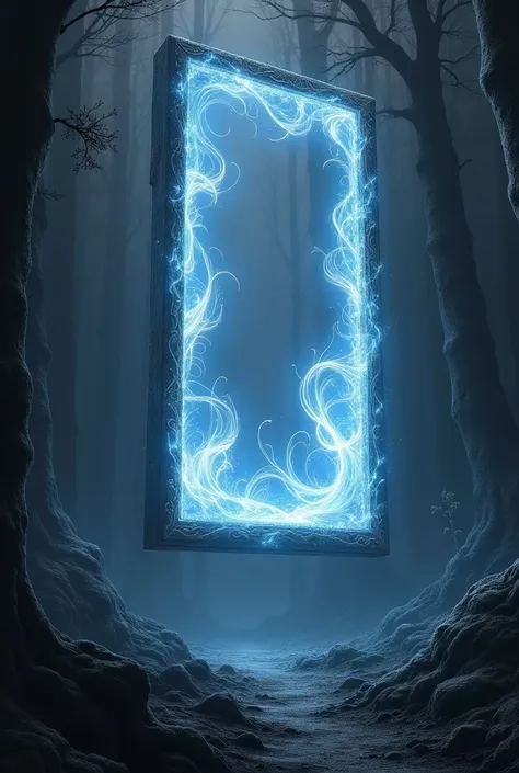  A large, shiny portal, rectangular, with thin, detailed edges,  floating in the air ,  in the light of a dark forest,  expels blue energy ,  black and white 