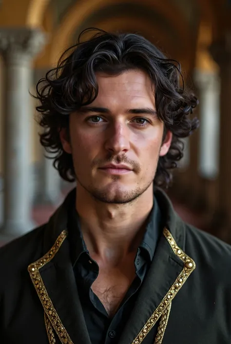 Cinematic, portrait photo, close-up shot, candid shot, ARRIFLEX 35 bl Camera, Canon K35 Prime Lenses, Orlando Bloom as a medieval fantasy 25 years-old nobleman, looking like Will Turner from Pirates of the Caribbean, male, young, short well-kept goatee, cu...