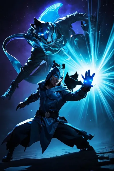 Make the shapes of the hooded magician and the 、 depict the encounter between a ghostly blue panther appearing from another dimension。The background is dim、 glowing panther stand out 。
