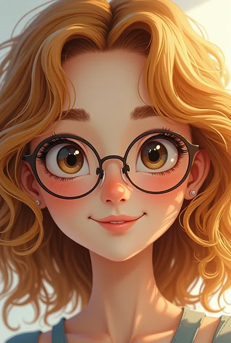 Curly Gold hair girl with small glasses and slight smile and a teenager make it look like a drawing 