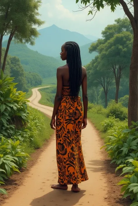 drawing of an African woman on a road with her back 