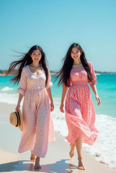 Photo of two beautiful Pakistani-korean young woman with heavy long hair beauty style flowing by the wind,chubby,smile very sweet ,pink lips,very fair skin,beauty face , charming face,facing the camera, smile, wearing fashionable outfit: a flowing pink and...