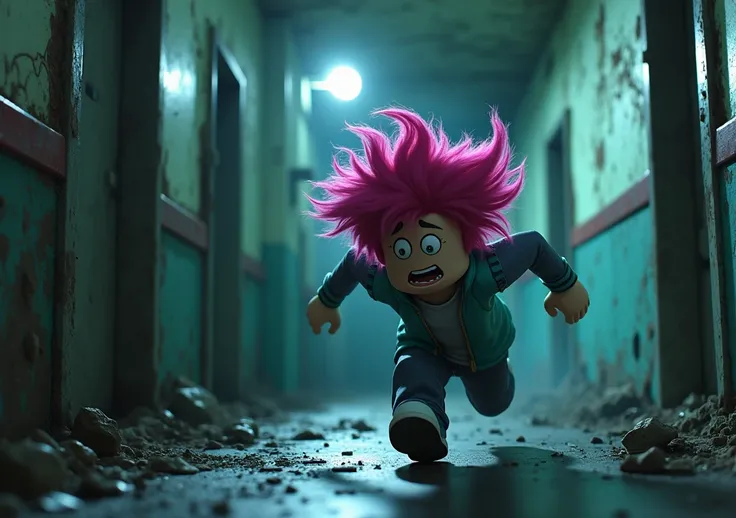 Frightened roblox character with pink hair fleeing a haunted hospital