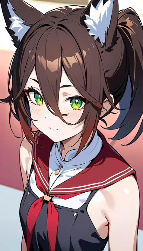 Masterpiece highest quality Unity 8k, ponytail, dark brown hair, green eyes, ponytail, perfect body, (flat chest), tingyun, fox ears, eyebrows visible through hair, school uniform