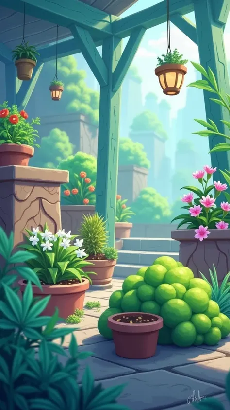 An image of a clean green garden ，fine，Reasonable， high quality ，masterpiece，Potted plants，Thick coating style，Game Background，Hand-drawn