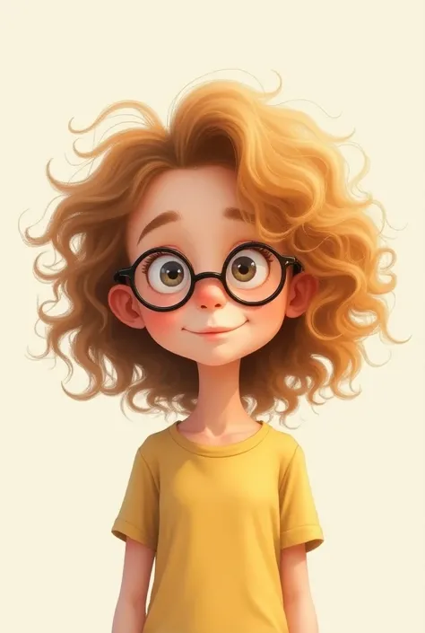 Curly Gold hair girl with small glasses and slight smile and a teenager make it look like a drawing way more drawing looking