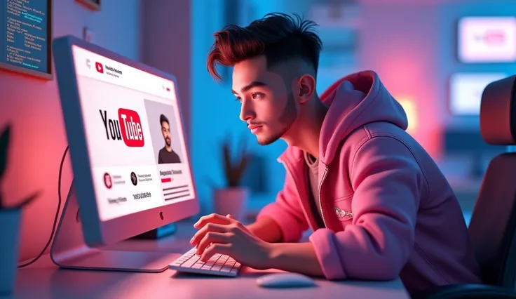 ” Create a 3D illustration featuring a realistic 28-year-old beautiful boy busy Developing software in front of a 3D logo of “Youtube” The boy wearing Pink Denim jacket , Undercut hair style, The background of the image should showcase a social media profi...