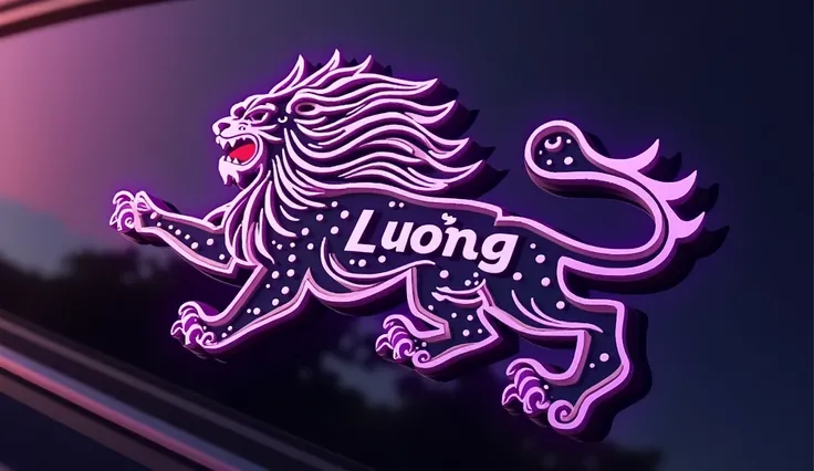 Create a car decal featuring a lion symbol intertwined with the name LUONG SON BAC, primarily in vibrant purple, representing strength, ingenuity, and unity.