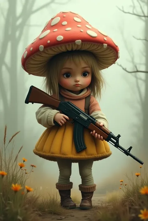 A girl in a cute mushroom costume holds an AK74 assault rifle