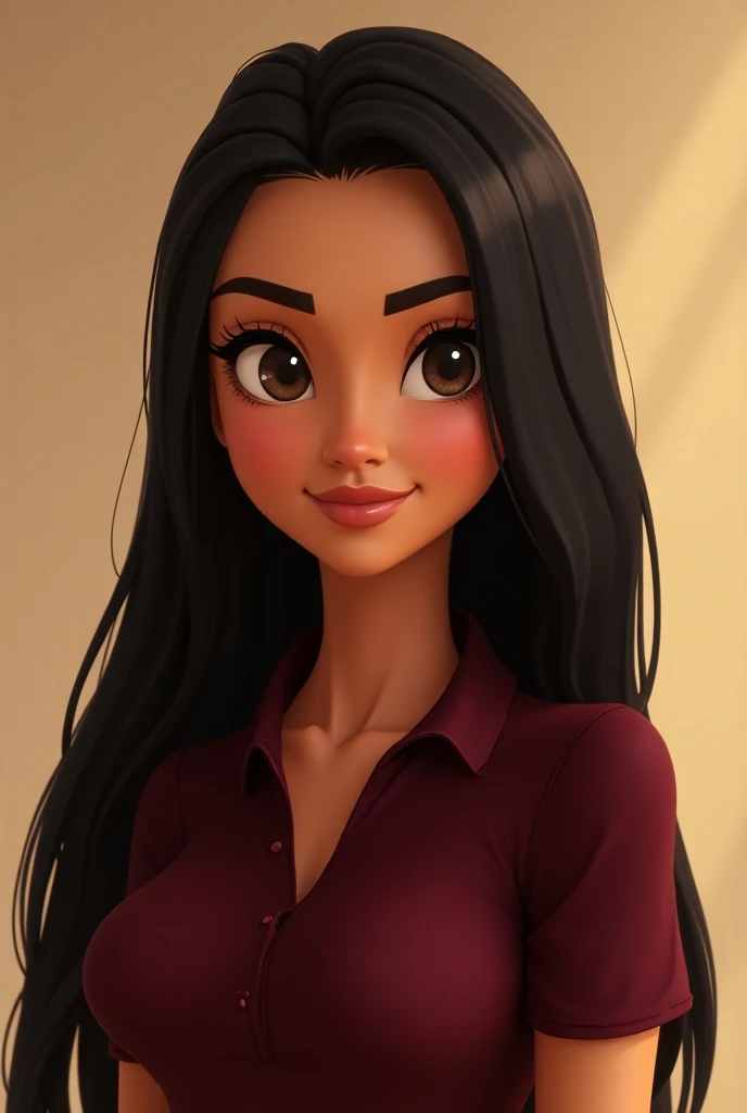  Animation of a Brazilian woman with black hair, long straight hair split on the side ,   big brown eyes  ,  round face,   wearing a dark red polo shirt  