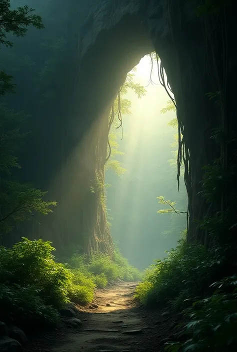 The entrance to a mammoth cave, with sunlight streaming in, showing shadows around the opening. The entrance is surrounded by dense trees and vegetation, adding to the allure and mystery of the scene.