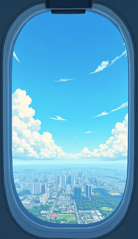 Flat painted hand-drawn background, Makoto Shinkais sky, blue, with a studio and city below viewed from airplane window, , large background generated from a rooftop perspective, sky occupies a large portion, large scene, looking up, drone